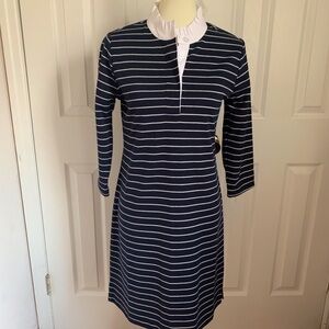 Isaac Mizrahi Live! Sheath Dress Navy White Striped Ruffle Collar XS 3/4 Sleeve